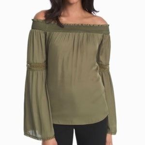 WHITE HOUSE BLACK MARKET Olive Off -the-Shoulder Bell Sleeve Boho Top SZ - Mp